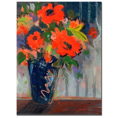 Sheila Golden 'Striped Wall With Red Flowers' Canvas Art,18x24